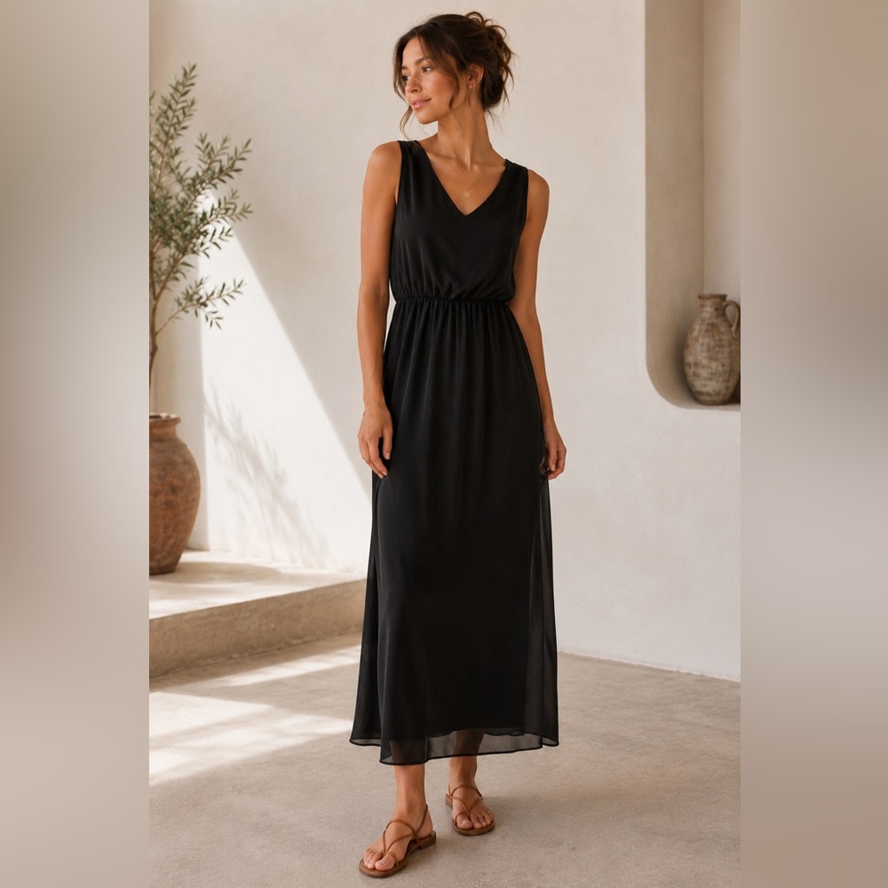 Malloy Black Sleeveless Chiffon Maxi Dress Keyhole Back - Small
